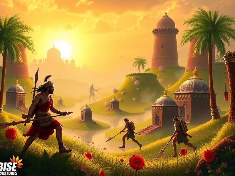 Rise of Cultures शहर लेआउट उदाहरण, विभिन्न इमारतें और सड़कें दिखाते हुए