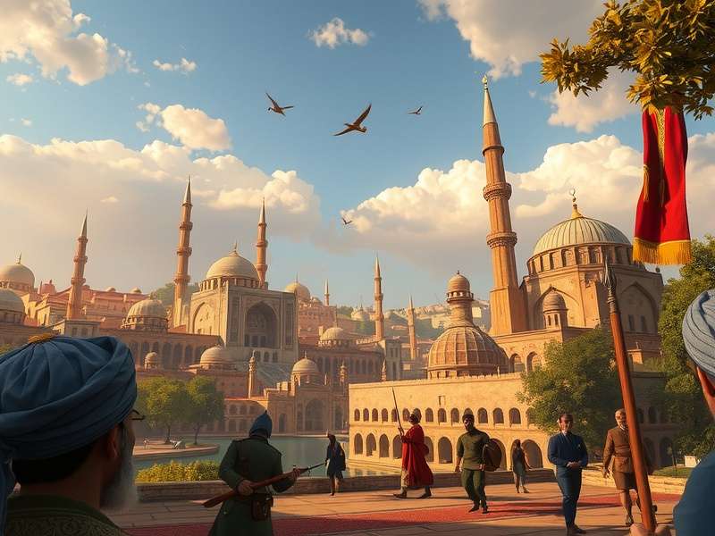 राइज़ ऑफ़ कल्चर्स गेम में ओटोमन साम्राज्य का दृश्य, जिसमें मस्जिदें, बाज़ार और सैनिक दिख रहे हैं