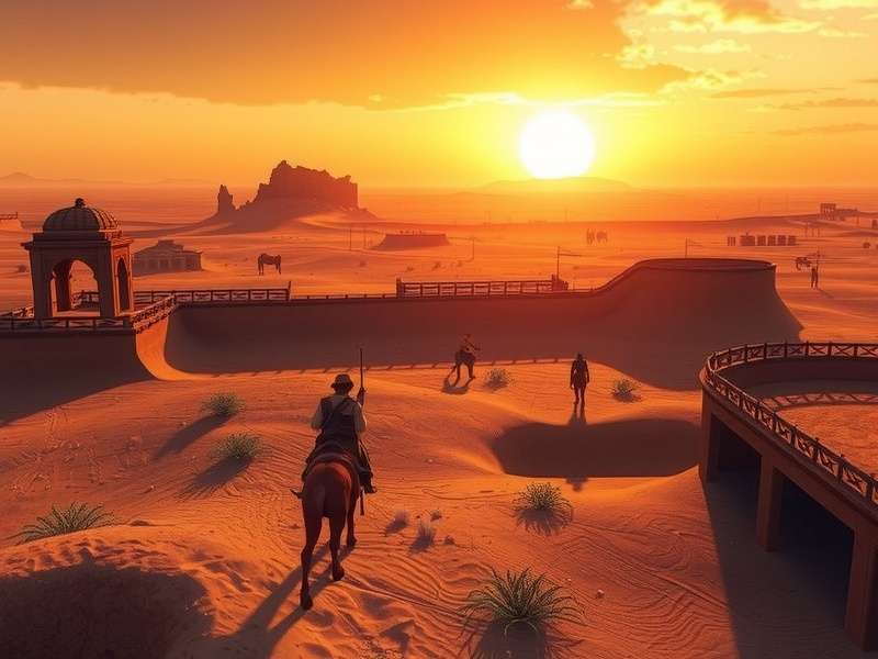 Rise of Cultures Western Desert Campaign gameplay screenshot showing desert landscape and city building