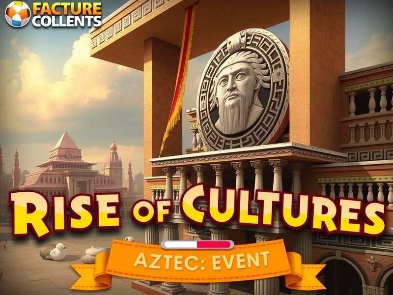 Screenshot of the Aztec Event in Rise of Cultures game showing temples and warriors