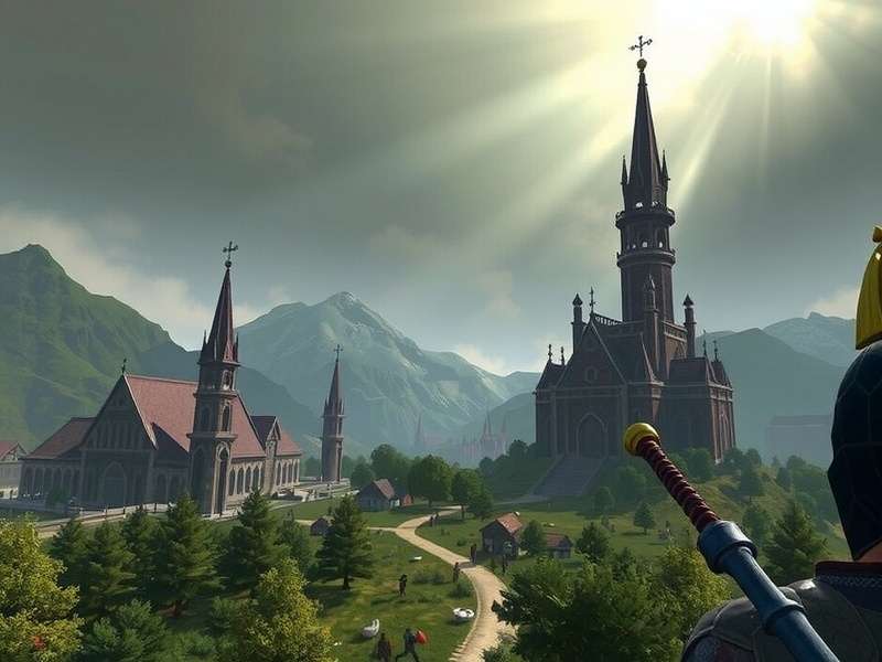 A thriving Rise of Cultures city in the Early Gothic Era, showing cathedrals, houses, and production buildings