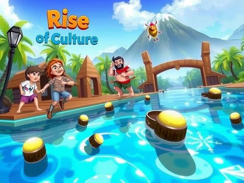 Rise of Cultures gameplay screenshot showing a thriving ancient city with temples and farms