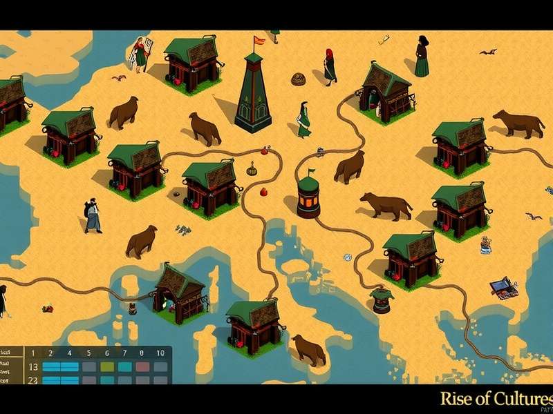 Rise of Cultures gameplay screenshot showing ancient city and military camp