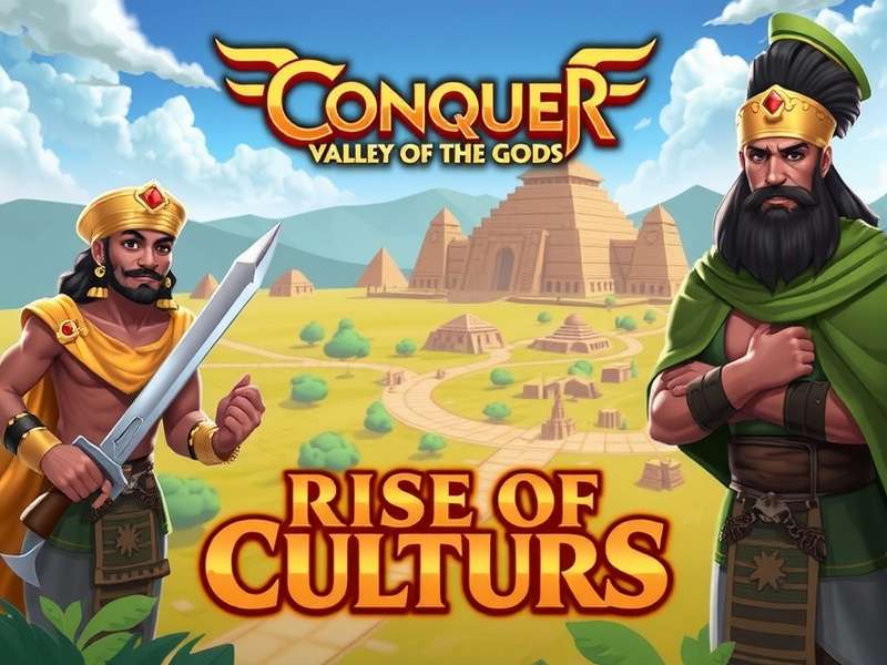 Valley of the Gods battlefield in Rise of Cultures with ancient temples and warriors