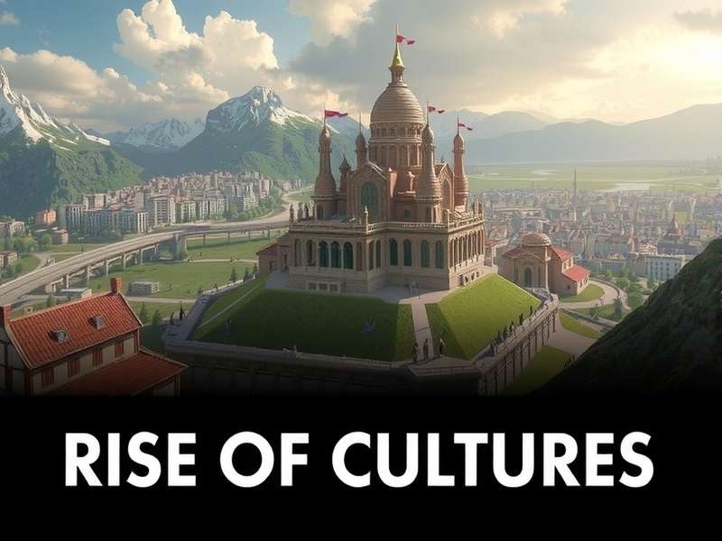 Rise of Cultures EU game banner showing historical progression from Stone Age to Space Age with iconic monuments