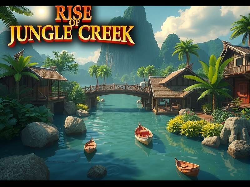 Rise Of Cultures Jungle Creek landscape with dense jungle and ancient ruins, featuring tribal architecture and river pathways.