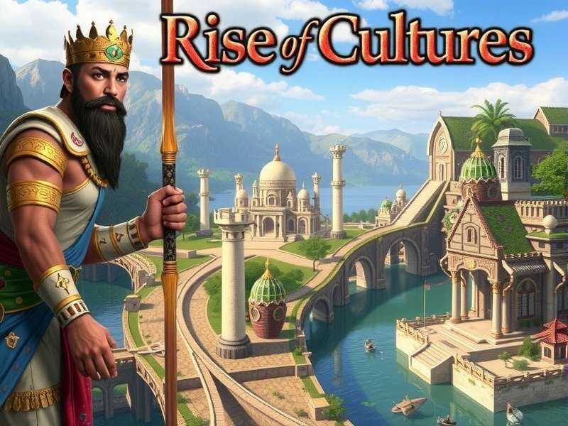 Rise of Cultures – historical strategy game banner featuring Indian-inspired architecture and army units