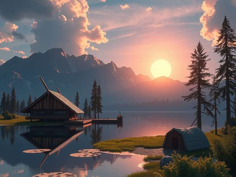 Rise Of Cultures Bitter Lake — vast lake region with ancient temples and flourishing settlements under a golden sky