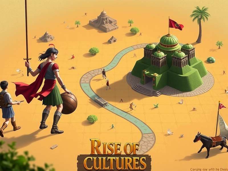 Rise of Cultures Campaign – Historical eras collage showing Indian warriors, pyramids, and futuristic city