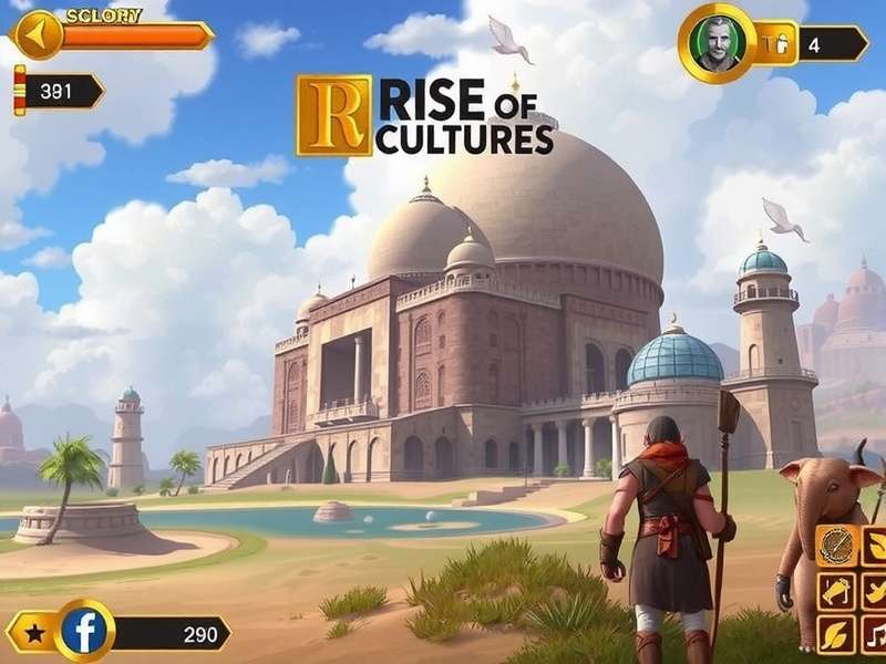 Rise Of Cultures gameplay screenshot showing a medieval city with farms, barracks, and a central castle