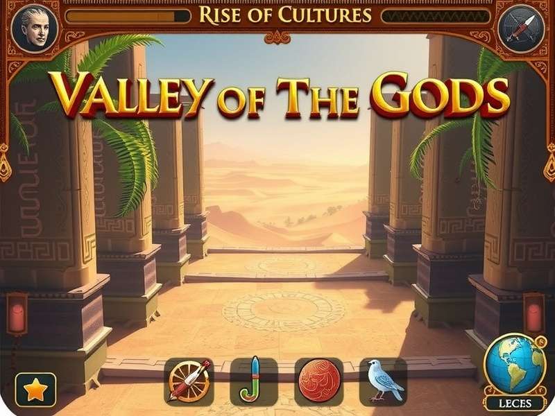 Rise of Cultures Valley of the Gods gameplay screenshot showing ancient temple and army